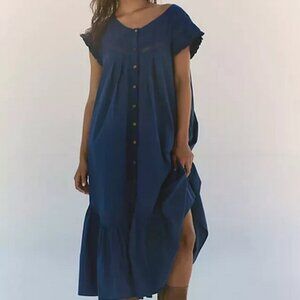 Free People Aster Midi Buttondown Lace Ruffle Navy Pleated Dress